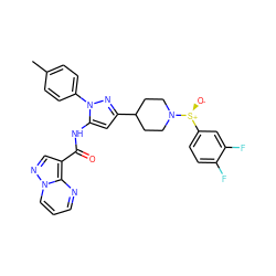 Cc1ccc(-n2nc(C3CCN([S@@+]([O-])c4ccc(F)c(F)c4)CC3)cc2NC(=O)c2cnn3cccnc23)cc1 ZINC000143375793