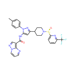 Cc1ccc(-n2nc(C3CCN([S@@+]([O-])c4cccc(C(F)(F)F)n4)CC3)cc2NC(=O)c2cnn3cccnc23)cc1 ZINC000143385794