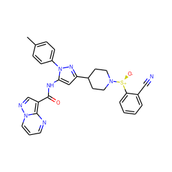 Cc1ccc(-n2nc(C3CCN([S@@+]([O-])c4ccccc4C#N)CC3)cc2NC(=O)c2cnn3cccnc23)cc1 ZINC000143373332