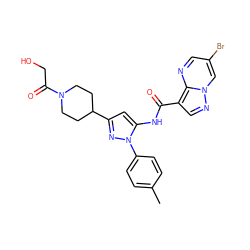 Cc1ccc(-n2nc(C3CCN(C(=O)CO)CC3)cc2NC(=O)c2cnn3cc(Br)cnc23)cc1 ZINC000145850226