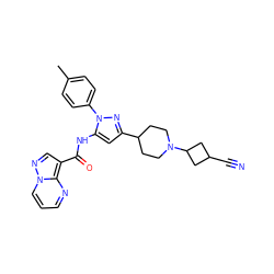 Cc1ccc(-n2nc(C3CCN(C4CC(C#N)C4)CC3)cc2NC(=O)c2cnn3cccnc23)cc1 ZINC000204750492