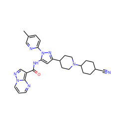 Cc1ccc(-n2nc(C3CCN(C4CCC(C#N)CC4)CC3)cc2NC(=O)c2cnn3cccnc23)nc1 ZINC000204767273