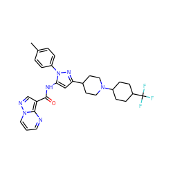 Cc1ccc(-n2nc(C3CCN(C4CCC(C(F)(F)F)CC4)CC3)cc2NC(=O)c2cnn3cccnc23)cc1 ZINC000203757609