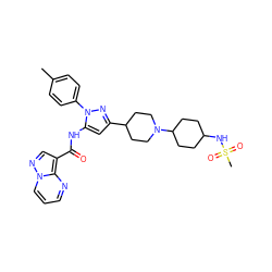 Cc1ccc(-n2nc(C3CCN(C4CCC(NS(C)(=O)=O)CC4)CC3)cc2NC(=O)c2cnn3cccnc23)cc1 ZINC000145873526