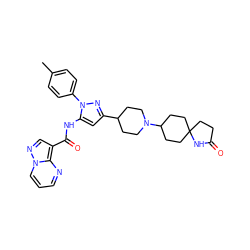 Cc1ccc(-n2nc(C3CCN(C4CCC5(CCC(=O)N5)CC4)CC3)cc2NC(=O)c2cnn3cccnc23)cc1 ZINC000204756922