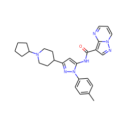 Cc1ccc(-n2nc(C3CCN(C4CCCC4)CC3)cc2NC(=O)c2cnn3cccnc23)cc1 ZINC000204773926