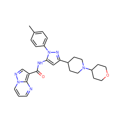 Cc1ccc(-n2nc(C3CCN(C4CCOCC4)CC3)cc2NC(=O)c2cnn3cccnc23)cc1 ZINC000204753696