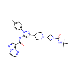 Cc1ccc(-n2nc(C3CCN(C4CN(C(=O)NC(C)(C)C)C4)CC3)cc2NC(=O)c2cnn3cccnc23)cc1 ZINC000145896339