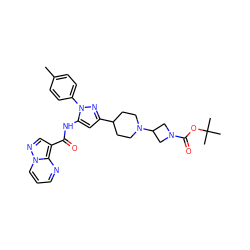 Cc1ccc(-n2nc(C3CCN(C4CN(C(=O)OC(C)(C)C)C4)CC3)cc2NC(=O)c2cnn3cccnc23)cc1 ZINC000145883490