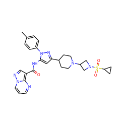 Cc1ccc(-n2nc(C3CCN(C4CN(S(=O)(=O)C5CC5)C4)CC3)cc2NC(=O)c2cnn3cccnc23)cc1 ZINC000145852090