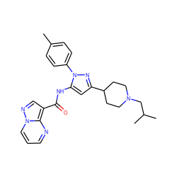 Cc1ccc(-n2nc(C3CCN(CC(C)C)CC3)cc2NC(=O)c2cnn3cccnc23)cc1 ZINC000145852550