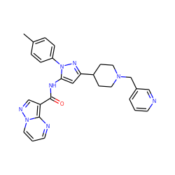 Cc1ccc(-n2nc(C3CCN(Cc4cccnc4)CC3)cc2NC(=O)c2cnn3cccnc23)cc1 ZINC000204763072