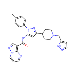 Cc1ccc(-n2nc(C3CCN(Cc4ccn[nH]4)CC3)cc2NC(=O)c2cnn3cccnc23)cc1 ZINC000203757567