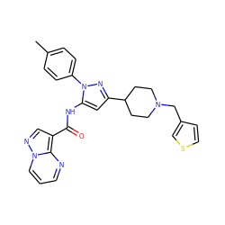 Cc1ccc(-n2nc(C3CCN(Cc4ccsc4)CC3)cc2NC(=O)c2cnn3cccnc23)cc1 ZINC000204759848