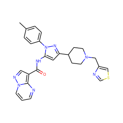 Cc1ccc(-n2nc(C3CCN(Cc4cscn4)CC3)cc2NC(=O)c2cnn3cccnc23)cc1 ZINC000142518121