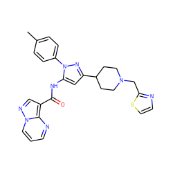 Cc1ccc(-n2nc(C3CCN(Cc4nccs4)CC3)cc2NC(=O)c2cnn3cccnc23)cc1 ZINC000203755413