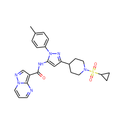 Cc1ccc(-n2nc(C3CCN(S(=O)(=O)C4CC4)CC3)cc2NC(=O)c2cnn3cccnc23)cc1 ZINC000204756052