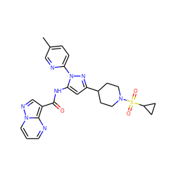 Cc1ccc(-n2nc(C3CCN(S(=O)(=O)C4CC4)CC3)cc2NC(=O)c2cnn3cccnc23)nc1 ZINC000145849806