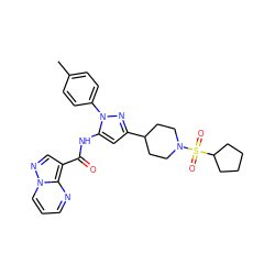 Cc1ccc(-n2nc(C3CCN(S(=O)(=O)C4CCCC4)CC3)cc2NC(=O)c2cnn3cccnc23)cc1 ZINC000145859214