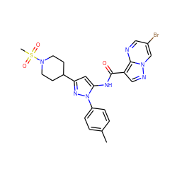 Cc1ccc(-n2nc(C3CCN(S(C)(=O)=O)CC3)cc2NC(=O)c2cnn3cc(Br)cnc23)cc1 ZINC000204754962