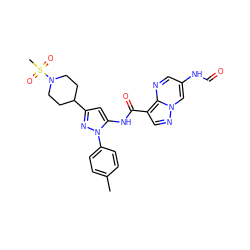 Cc1ccc(-n2nc(C3CCN(S(C)(=O)=O)CC3)cc2NC(=O)c2cnn3cc(NC=O)cnc23)cc1 ZINC000143365394