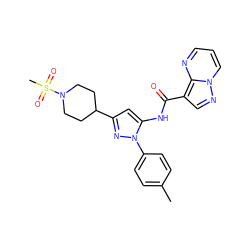 Cc1ccc(-n2nc(C3CCN(S(C)(=O)=O)CC3)cc2NC(=O)c2cnn3cccnc23)cc1 ZINC000204757232