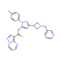 Cc1ccc(-n2nc(C3CN(Cc4cccnc4)C3)cc2NC(=O)c2cnn3cccnc23)cc1 ZINC000204772676