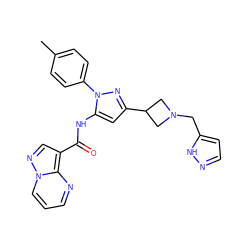 Cc1ccc(-n2nc(C3CN(Cc4ccn[nH]4)C3)cc2NC(=O)c2cnn3cccnc23)cc1 ZINC000142484430