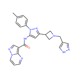 Cc1ccc(-n2nc(C3CN(Cc4cn[nH]c4)C3)cc2NC(=O)c2cnn3cccnc23)cc1 ZINC000204778773