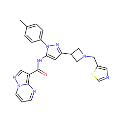 Cc1ccc(-n2nc(C3CN(Cc4cncs4)C3)cc2NC(=O)c2cnn3cccnc23)cc1 ZINC000145889739