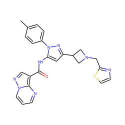 Cc1ccc(-n2nc(C3CN(Cc4nccs4)C3)cc2NC(=O)c2cnn3cccnc23)cc1 ZINC000145898405