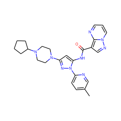 Cc1ccc(-n2nc(N3CCN(C4CCCC4)CC3)cc2NC(=O)c2cnn3cccnc23)nc1 ZINC000204781417