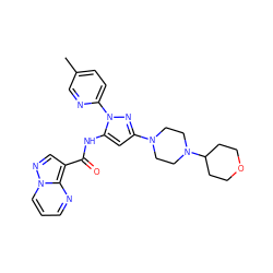 Cc1ccc(-n2nc(N3CCN(C4CCOCC4)CC3)cc2NC(=O)c2cnn3cccnc23)nc1 ZINC000203762772