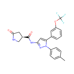 Cc1ccc(-n2nc(NC(=O)[C@H]3CNC(=O)C3)cc2-c2cccc(OC(F)(F)F)c2)cc1 ZINC000169707168