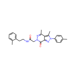 Cc1ccc(-n2nc3c(=O)n(CC(=O)NCCc4ccccc4C)nc(C)c3c2C)cc1 ZINC000015943000