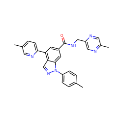 Cc1ccc(-n2ncc3c(-c4ccc(C)cn4)cc(C(=O)NCc4cnc(C)cn4)cc32)cc1 ZINC000142238862