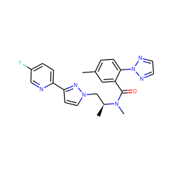 Cc1ccc(-n2nccn2)c(C(=O)N(C)[C@@H](C)Cn2ccc(-c3ccc(F)cn3)n2)c1 ZINC000210460471