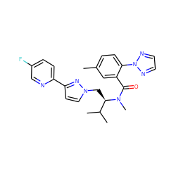 Cc1ccc(-n2nccn2)c(C(=O)N(C)[C@H](Cn2ccc(-c3ccc(F)cn3)n2)C(C)C)c1 ZINC001772582371