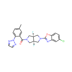 Cc1ccc(-n2nccn2)c(C(=O)N2C[C@@]3(F)CN(c4nc5cc(Cl)ccc5o4)C[C@@]3(F)C2)c1 ZINC001772614354