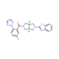 Cc1ccc(-n2nccn2)c(C(=O)N2C[C@@]3(F)CN(c4nc5ccccc5o4)C[C@@]3(F)C2)c1 ZINC001772578420