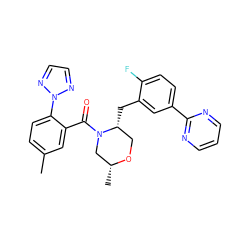 Cc1ccc(-n2nccn2)c(C(=O)N2C[C@@H](C)OC[C@H]2Cc2cc(-c3ncccn3)ccc2F)c1 ZINC001772600379