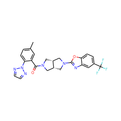 Cc1ccc(-n2nccn2)c(C(=O)N2C[C@@H]3CN(c4nc5cc(C(F)(F)F)ccc5o4)C[C@@H]3C2)c1 ZINC001772656471