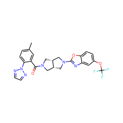 Cc1ccc(-n2nccn2)c(C(=O)N2C[C@@H]3CN(c4nc5cc(OC(F)(F)F)ccc5o4)C[C@@H]3C2)c1 ZINC001772584400