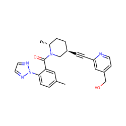 Cc1ccc(-n2nccn2)c(C(=O)N2C[C@H](C#Cc3cc(CO)ccn3)CC[C@H]2C)c1 ZINC000169307318