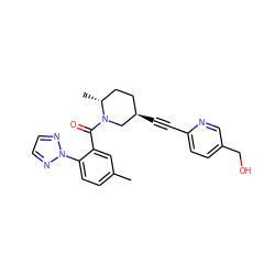 Cc1ccc(-n2nccn2)c(C(=O)N2C[C@H](C#Cc3ccc(CO)cn3)CC[C@H]2C)c1 ZINC000169307316