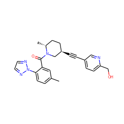 Cc1ccc(-n2nccn2)c(C(=O)N2C[C@H](C#Cc3ccc(CO)nc3)CC[C@H]2C)c1 ZINC000169307319