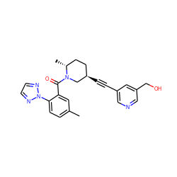 Cc1ccc(-n2nccn2)c(C(=O)N2C[C@H](C#Cc3cncc(CO)c3)CC[C@H]2C)c1 ZINC000169307320