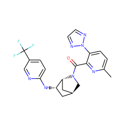 Cc1ccc(-n2nccn2)c(C(=O)N2C[C@H]3C[C@H](Nc4ccc(C(F)(F)F)cn4)[C@H]2C3)n1 ZINC000261093122