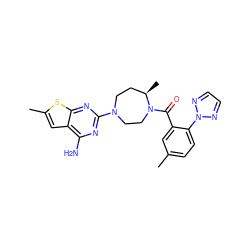 Cc1ccc(-n2nccn2)c(C(=O)N2CCN(c3nc(N)c4cc(C)sc4n3)CC[C@H]2C)c1 ZINC000169347343