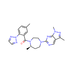 Cc1ccc(-n2nccn2)c(C(=O)N2CCN(c3ncc4c(C)nn(C)c4n3)CC[C@H]2C)c1 ZINC000116778778